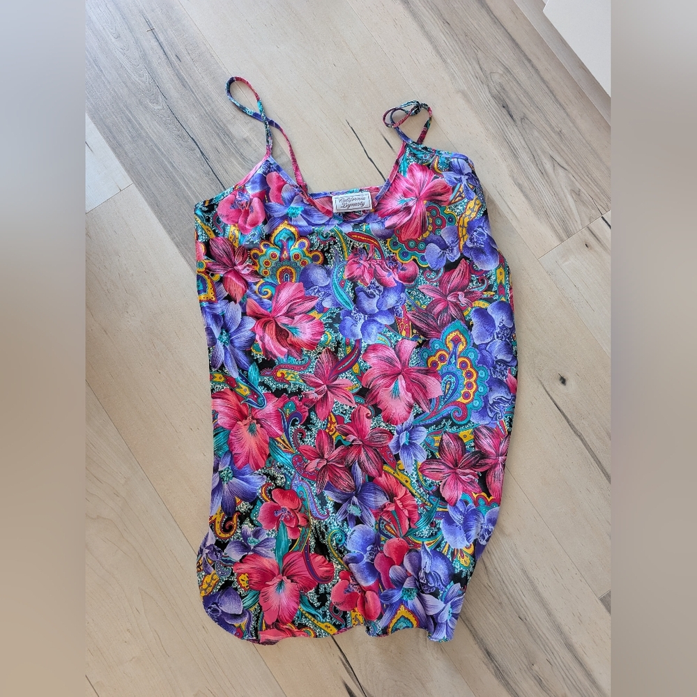 Y2K Vintage Lingerie Satin Slip Dress With Tropical Print